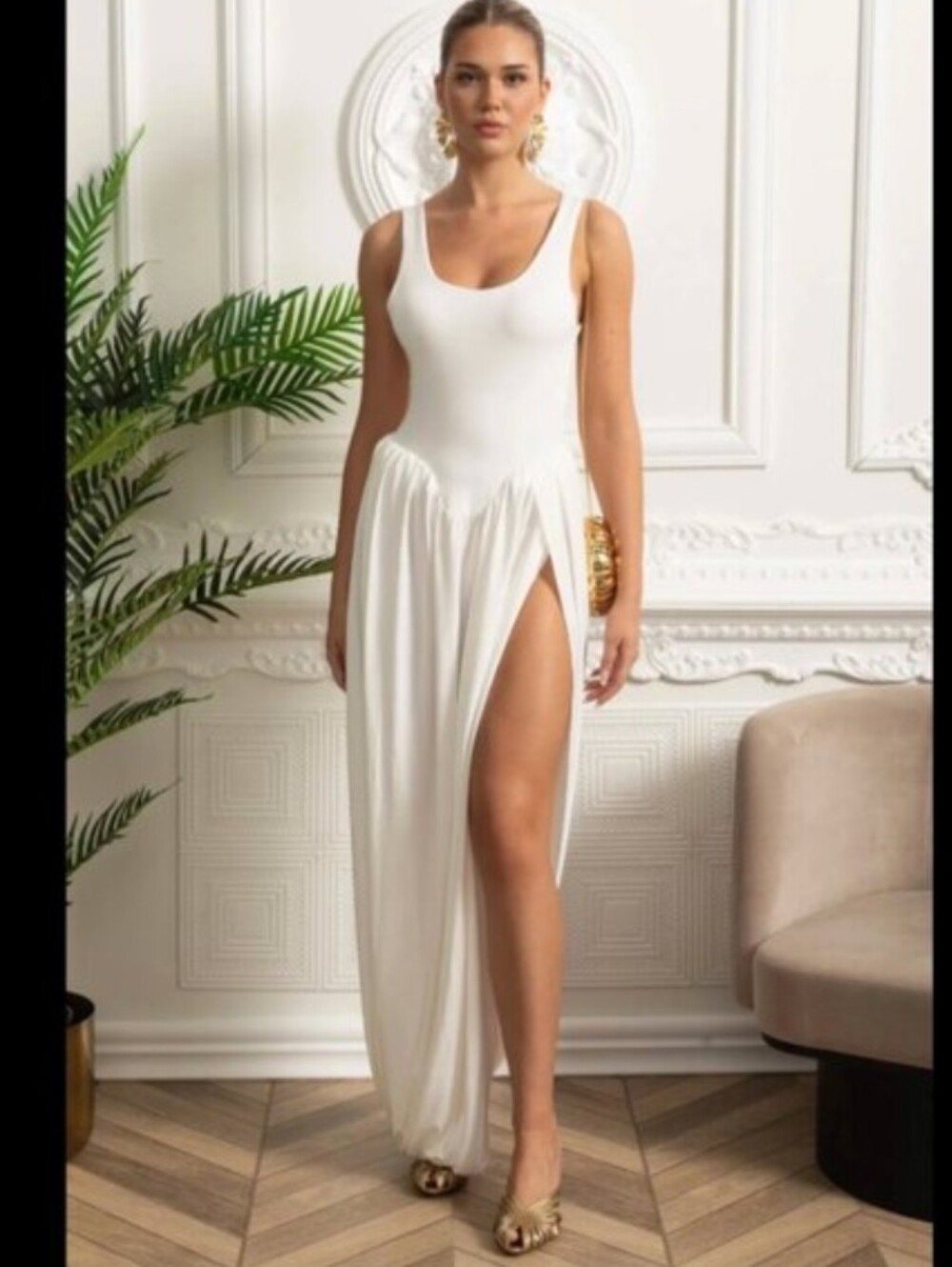 Sierra Darien Draped Maxi Dress with Scultural Skirt and Side Slit White NWT